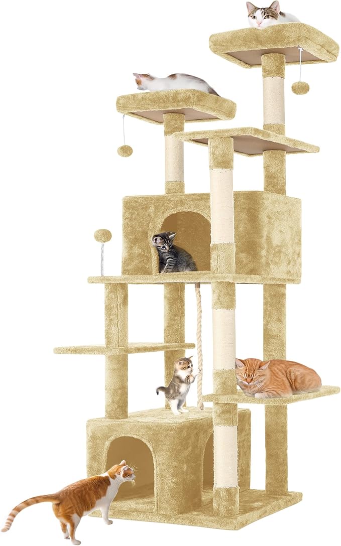 69'' Indoor Cat Tree Tower with Multiple Levels, Sisal Scratching Post, Spacious Condo, Climbing Rope, Kitten Toy (Beige)