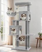 51.2'' Cat Tree Tower, Cat Tower with Scratching Post, Sturdy Steel Pube Cat Tree for Inoor Cats Large Adult, Cat Hammock and Basket, Padding Top Platform, Light Gray GCT014W