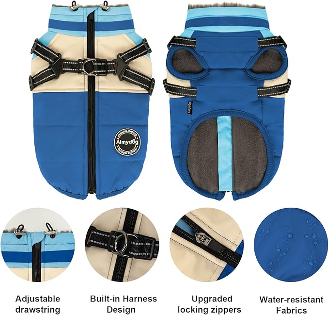 Dog Winter Coat, Windproof Turtleneck Fleece Vest with Built-in Harness, Reflective Dog Snow Jacket, Blue, XL