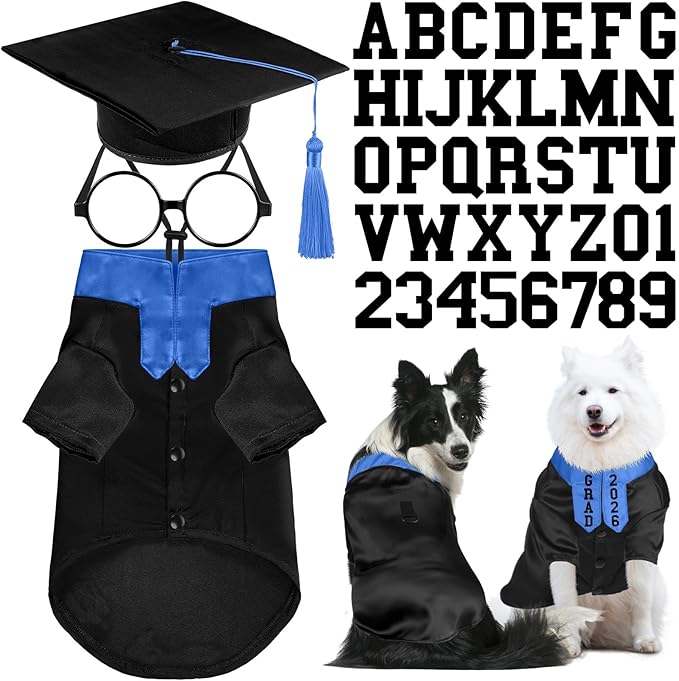 5 Pcs Dog Graduation Costume Set Include 2026 Pet Graduation Gown with Stole Puppy Grad Cap Lensless Glasses DIY Letter Stickers for Dogs Cats Holiday Costume Accessory(Black Royal Blue,XL)