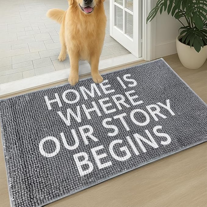 Muddy Mat® Absorbent Microfiber Door Mat and Pet Rug, Non Slip Washable Chenille Indoor Outdoor Entry Rug - Home is Where Our Story Begins Funny Welcome Mat Porch Decor 19"x30"
