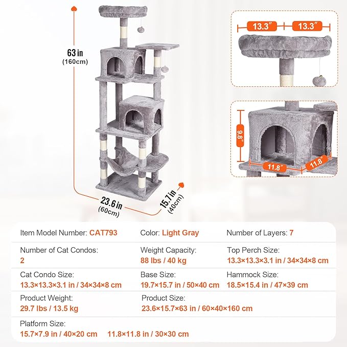 Happybuy Cat Tree for Indoor Cats, 63" Cat Tower with 2 Cat Condos, Sisal Scratching Post, Hammock, Top Perch, Jumping Platforms, Large Cat Furniture Activity Center with Hang Ball, Light Grey