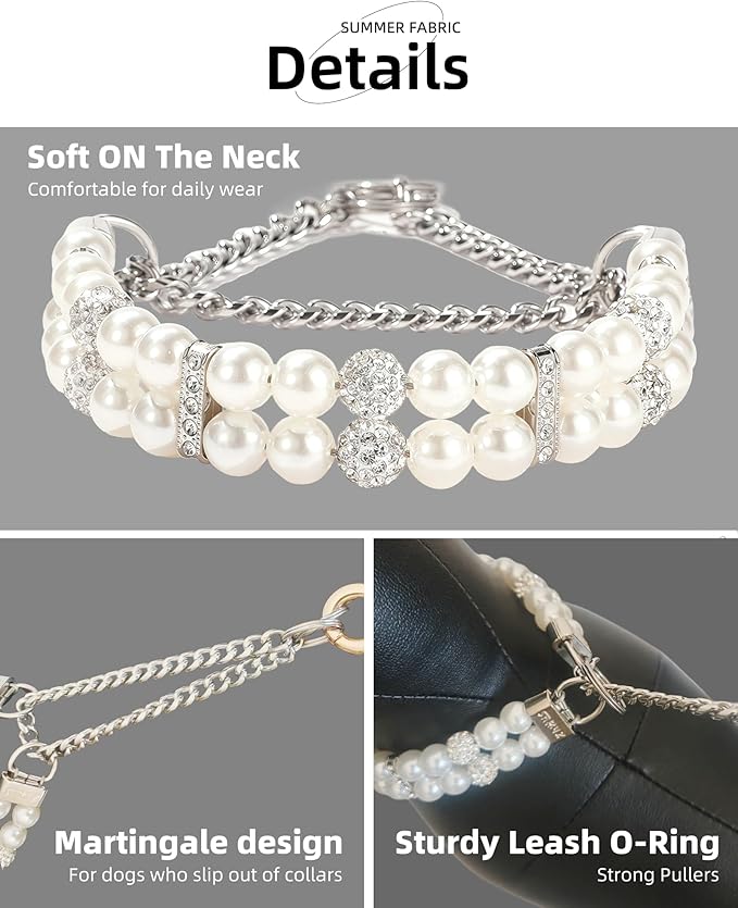 KUDES Luxury Martingale Collar for Small Dogs and Cats- No Pull Training Choke Chain Collar with Pearls & Crystals - Bling Dog Necklace Accessory for Pet Yorkie, Chihuahua, Pomeranian