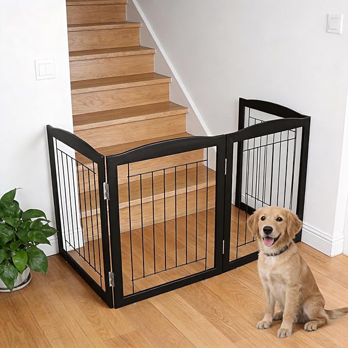 ZJSF Freestanding Foldable Dog Gate for House Extra Wide Wooden Black Puppy Gate Stairs Dog Gates Doorways Tall Pet Gate 3 Panels Pet Fence