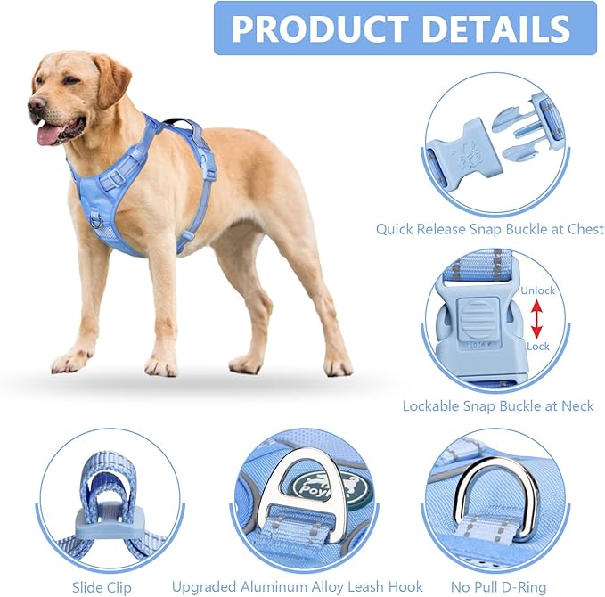 PoyPet No Pull Dog Harness, No Choke Reflective Dog Vest, Adjustable Pet Harnesses with Easy Control Padded Handle for Small Medium Large Dogs(Light Blue Matching Trim,L)