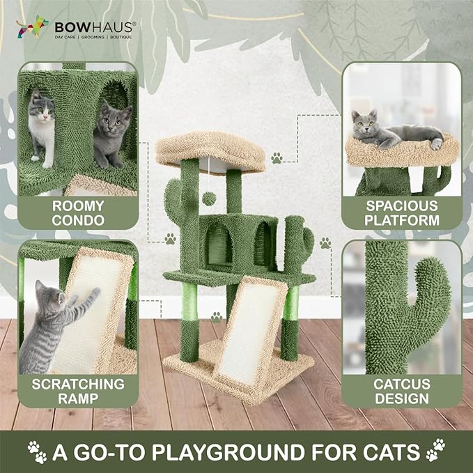 Cactus Cat Tower, 37-Inch Multi-Level Cat Activity Tree with Scratching Posts, Ramp & 2-Door Cat Cave Condo