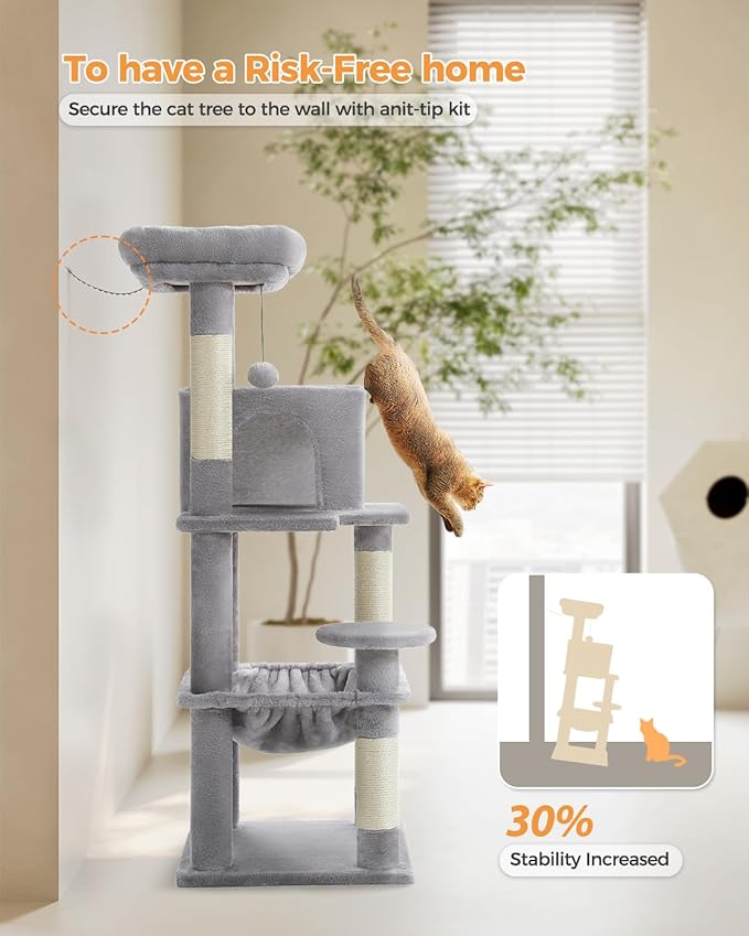 PEQULTI 45.7'' Cat Tree for Indoor Cats with Metal Frame Big Hammock, Cat Tower for Small or Medium Cats with Cat Condo House, with Scratching Posts and Top Perch, Grey