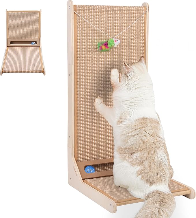 Sisal Cat Scratchers for Indoor Cats, 26.8'' L-Shape Cat Scratching Board, Solid Wooden Cats Scratch Pad with Mouse Toy, Large Cats Scratching Posts to Protect Furniture(Vertical Scratcher)