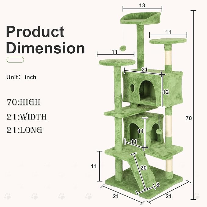 70" Multi-Level Cat Tree Tower with Scratching Posts, Toys & Condo - Space-Saving Design for Indoor Kittens, Compact Floor Footprint & Vertical Space for Multi-Cat Homes-Green