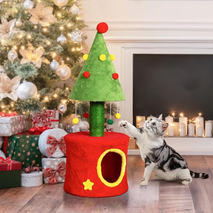 VINGLI 30IN Christmas Cat Scratching Post with Cat House, Small Cat Tree Tower for Indoor Kitten, Sisal Covered Post with Hanging Plush Balls, Red & Green Holiday Cat Furniture