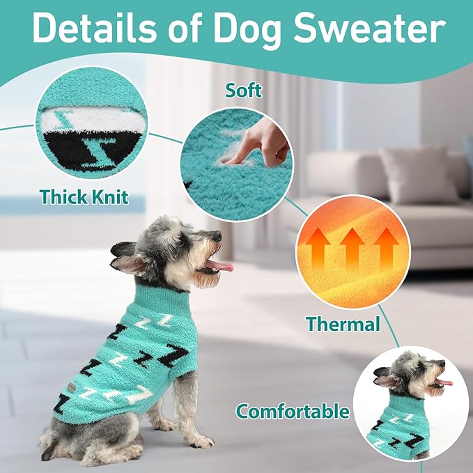 Dog Sweaters Dog Pullover Sweater Puppy Clothes Cold Weather Cable Knitwear Thick Warm Outfits for Medium Dogs (Turquoise-L)