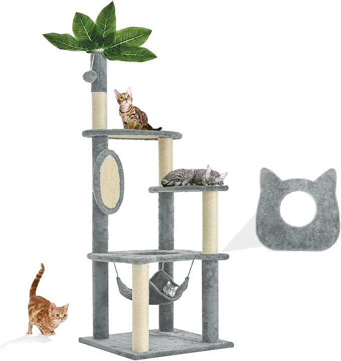 61-Inch Tall Cat Tree Tower with Scratching Post, Multi-Functional Cat Shaped Design Tower with Hammock, Scratcher, Pompoms, for Climbing, Lounging and Playing, Grey
