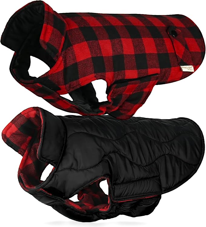 VIVAGLORY Softjoy Dog Coat, Dog Jacket for Winter & Christmas, Coat with Harness Hole, Reversible Plaid Checkered Warm Fluffy Heavy Duty for Puppy, M, Red Black