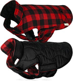 VIVAGLORY Softjoy Dog Coat, Dog Jacket for Winter & Christmas, Coat with Harness Hole, Reversible Plaid Checkered Warm Fluffy Heavy Duty for Puppy, M, Red Black