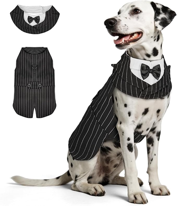 Supet Dog Tuxedo and Bandana Set with Bow Tie, Formal Outfit for Wedding Birthday Party Graduation Valentines, Pet Suit Clothes for Large Medium Small Dogs (Striped, 2XL)