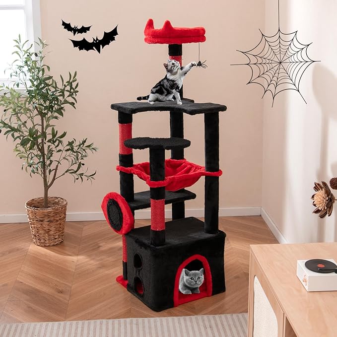 Tangkula Gothic Cat Tree, Halloween Cat Tower with Sisal Scratching Posts & Board, Spooky Bat-Shaped Platforms, Spider Toy, Devil Ear-Shaped Perch, Goth Cat Tree w/Large Hammock & Condo, Black & Red