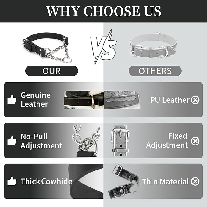 Martingale Collar for Dogs No-Pull Adjustable Training Collar with Stainless Steel Chain - Genuine Leather Anti-Slip Design for Small,Medium,Large Breed Dogs - Black (M)