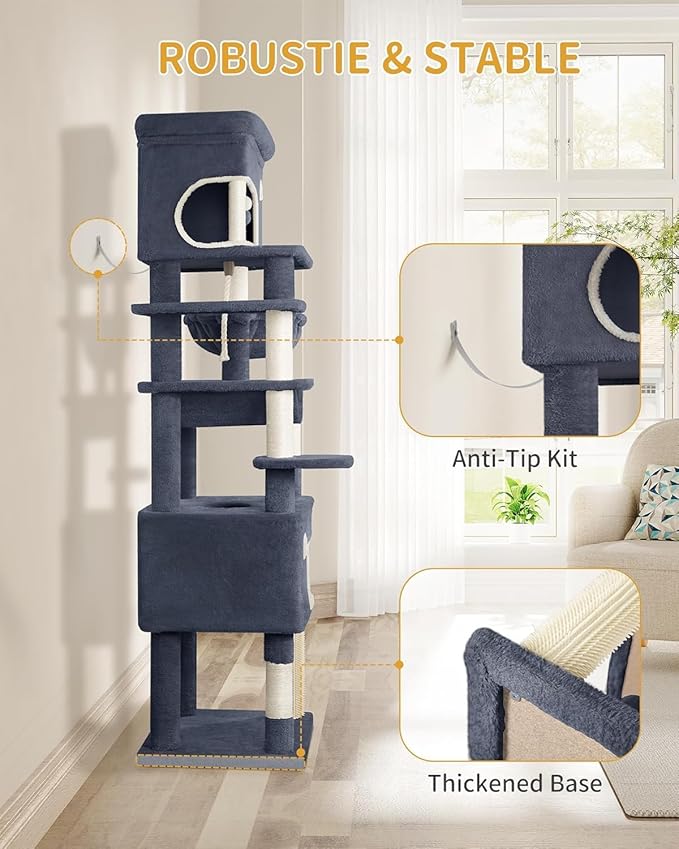 70.1 Inch Cat Tree for Indoor Cats, Multi-Layer Scratching Post with Large Platform, 2 Caves, 7 Sisal Posts, Pompoms, Cat Basket, Hammock, Suitable for Cats, Dark Grey MS17818SG