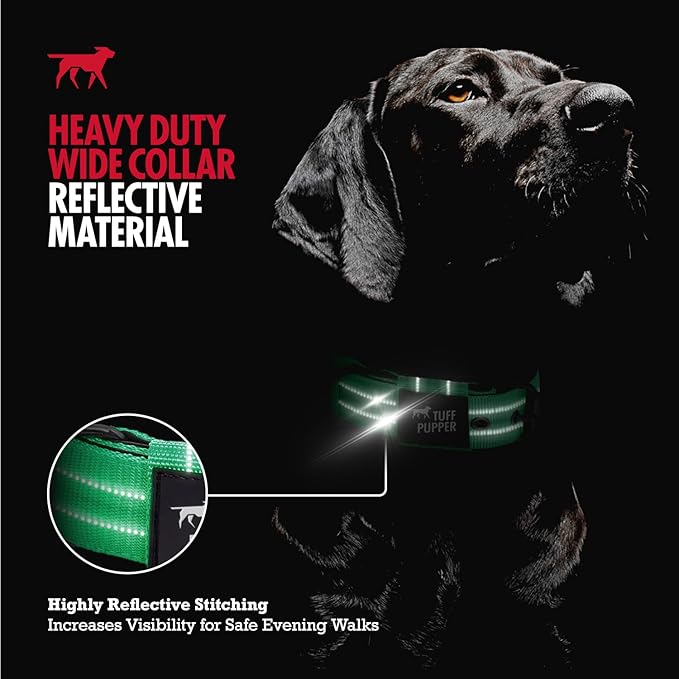 Tuff Pupper Heavy Duty Tactical Dog Collar | 1.5" Wide Ballistic Nylon | Reflective Stitching | Integrated ID Tag Holder | Stainless Steel Buckle | Padded Lining | Medium & Large Dogs (Green, Medium)