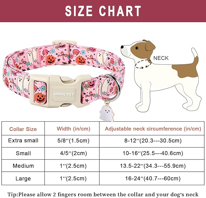 ARING PET Halloween Dog Collars, Cute Pink Pumpkin Ghost Flower Bowtie Pet Collar with Quick Release Buckle for Small Medium Large Girl Boy Dogs-L