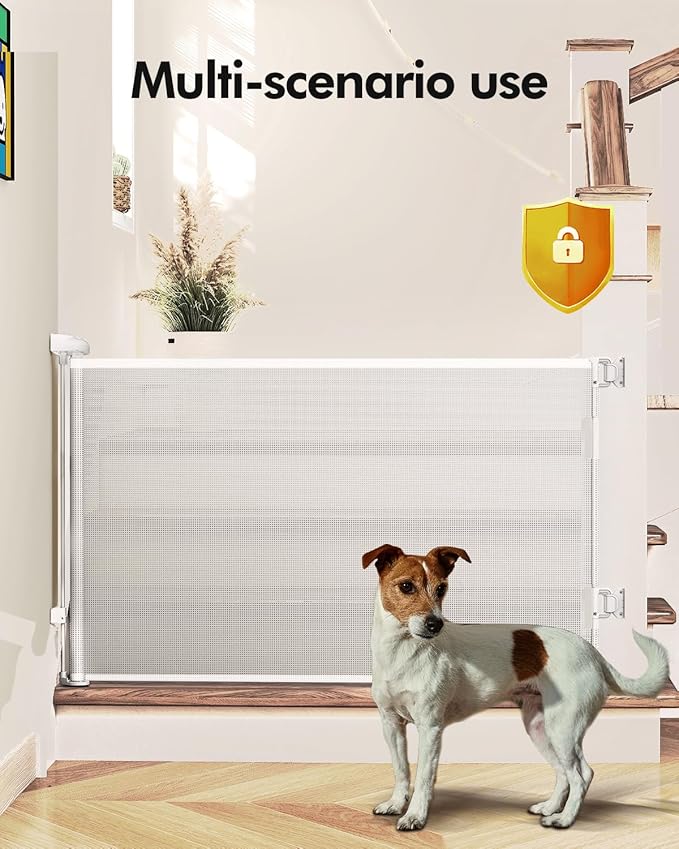 Retractable Baby Gates, Mesh Dog Gate for Doorways, 33.6" Tall, Expands to 71" Wide,Pet Safety Essential Fit for Baseboards, Wide Toddlers Gates for Hallways, Indoor & Outdoor,White