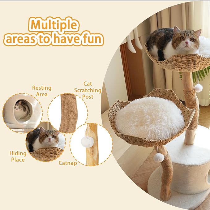 Modern Cat Tree, Natural Pear Wooden Cat Tower for Indoor Cats, Real Branch Luxury Cat Condo with Scratching Post & Hanging Toy Ball（35" Tall）