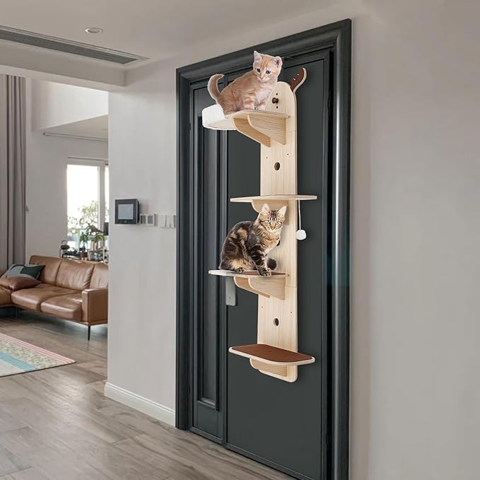 4-Tier Door Hanging Cat Tree, 67 Inch Vertical Climbing Frame with Scratching Posts & Cat Bed, Multi-Level Solid Wood Board for Kittens Jumping & Playing