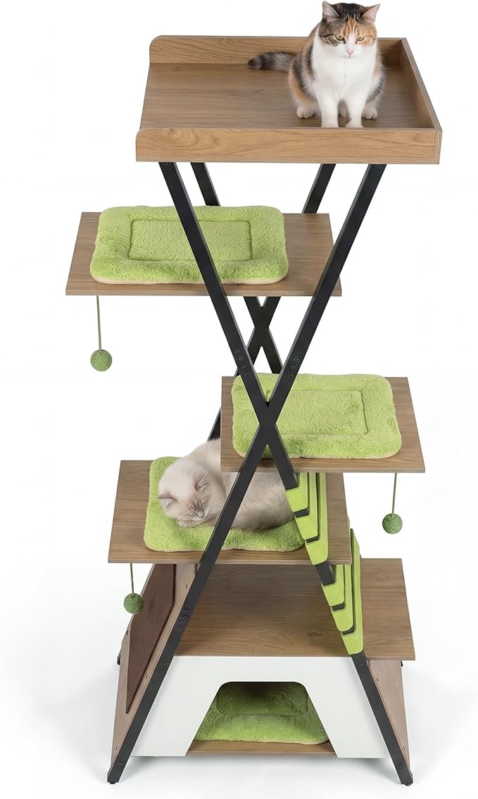 Tangkula 73 Inch Tall Cat Tree, Modern Wood Cat Tower with Scratching Pad, Extra-Large Perch & Removable Washable Mats, 3 Pompoms, Multi-Level Cat Furniture for Indoor Cats Large Adult (Green)