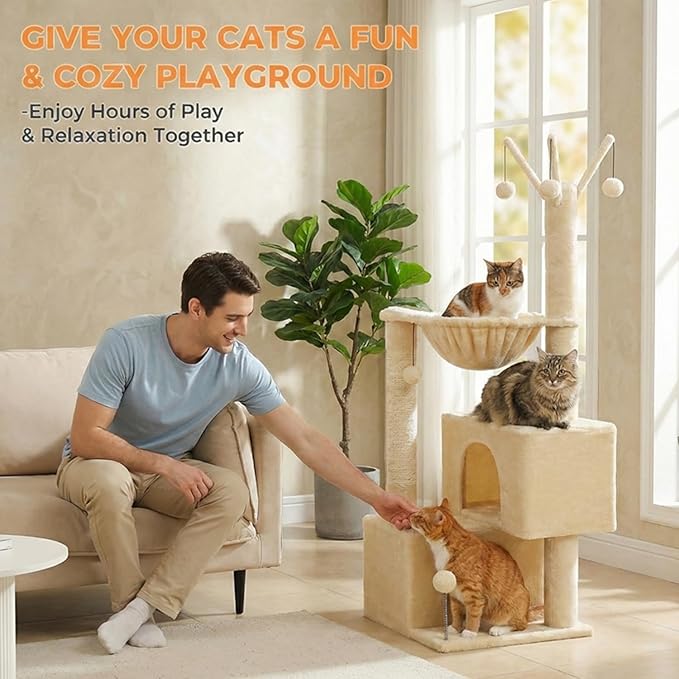 Cat Tree 45" for Indoor Cats, Compact Cat Tower with 2 Condos, Hammock Bed & 5 Hanging Ball Toys, Space-Saving Sturdy Cat Condo Furniture for Kittens & Small-Medium Cats
