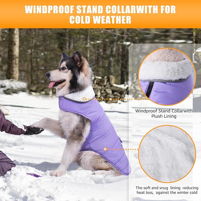 iBuddy Dog Winter Jacket for Extra Large Dogs, Easy on 3XL Dog Snow Coat Velcro Waterproof Pet Puffer Clothes with Harness Hole Adjustable Reflective Quilted Pet Cold Weather Vest for Girl Female