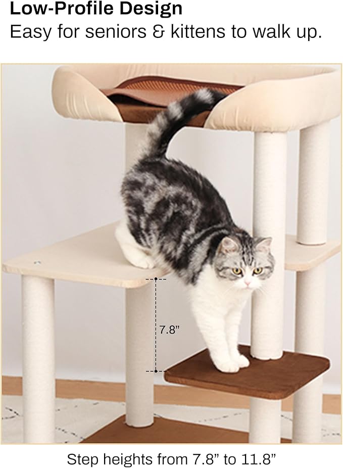 Modern Cat Tree for Large Cats, 37.5-Inch Tall Cat Tree Tower with Wide Shelves Low Step Cotton Scratching Posts, Super Sturdy Base, Cozy Perches, and Interactive Toys for Indoor (95cm White)