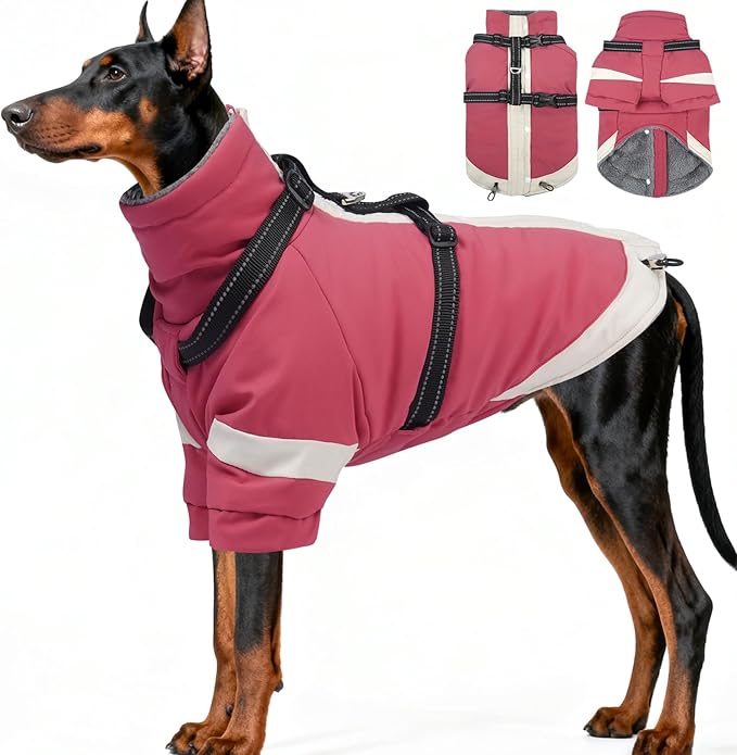 XXX-Large Dog Coat with Reflective Harness 2 in 1 for Dog Walking | Winter Turtleneck Windproof Coat for Large Dogs,Snowsuit with Sleeves Protect Joints,Cold-Weather Clothing(Pink)