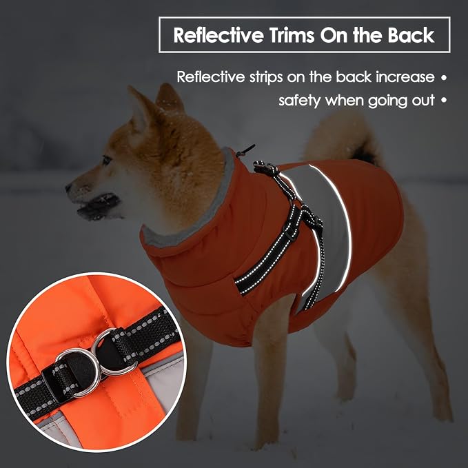 SUNFURA Dog Coat, XXXL Dog Jacket Winter with Harness Built in, Waterproof Pet Snow Jacket with Furry Collar for Chilly Day, Reflective Fleece Snowsuit for Extra Large Dogs, Orange 3XL