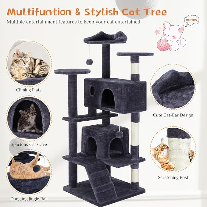 54'' Tall Cat Tree,Cat Climbing Tower with Removable Ball,Cat Tower with Scratching Post,Climbing Plate,Cute Cat Ear Design for Small, Medium Cats,Anti-Tilt Device (Dark Blue)