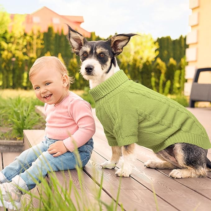 BEAUTYZOO Small Dog Sweater-Dog Sweatshirt Pullover Cable Knit Wear Classic Turtleneck Thick Cold Weather Clothes for Small Dogs, Medium Dogs, Puppies,Green Cable S/M (Back: 14",Chest: 18", Neck: 11")
