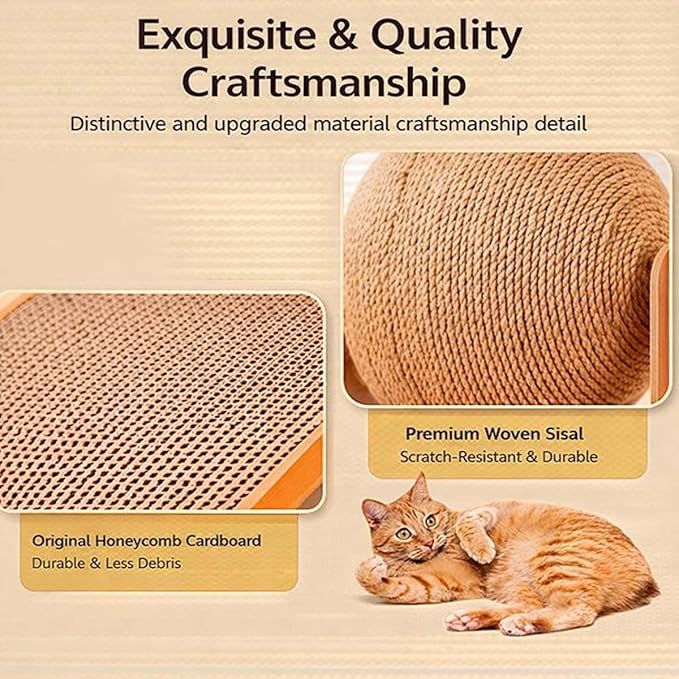 Cat Scratching Ball on Stand, Solid Wood Slanted Cat Scratching Board Design, 2-in-1 Interactive Cat Scratcher Toy with Arch Bridge and 360° Rotating Natural Sisal Ball for Indoor Cat Kittens (M)