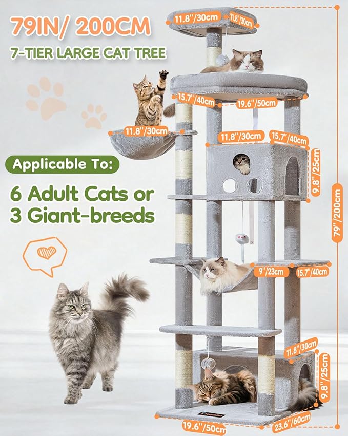 Taoqimiao 79 Inches XXL Cat Tree for Large Cats, for Oversized Cats, Multi-Level Cat Tower, 2 Spacious Cat Condo with 6 Scratching Posts, Hammcock & Cozy Basket, Cat Toys, Light Gray, S10W