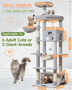 Taoqimiao 79 Inches XXL Cat Tree for Large Cats, for Oversized Cats, Multi-Level Cat Tower, 2 Spacious Cat Condo with 6 Scratching Posts, Hammcock & Cozy Basket, Cat Toys, Light Gray, S10W