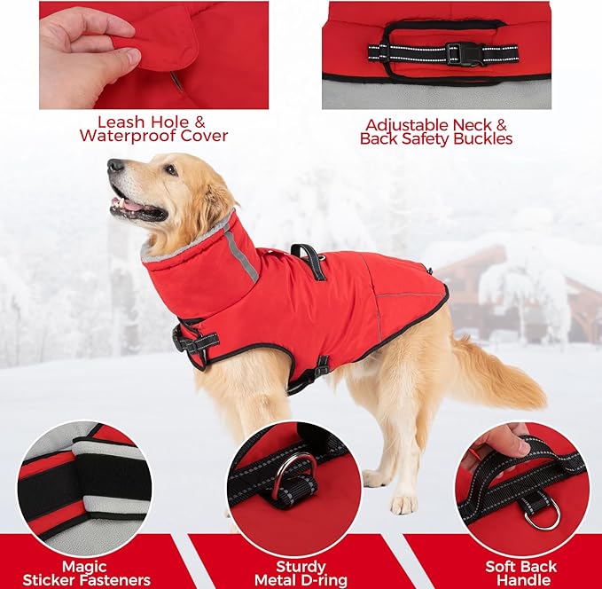 Mihachi Dog Coat for Medium Dogs, Warm Dog Winter Coat Waterproof Dogs Jacket with Harness Built in Reflective Pet Fleece Vest, Puppy Cold Weather Coats Turtleneck & Windproof Dogs Snowsuit, Red M