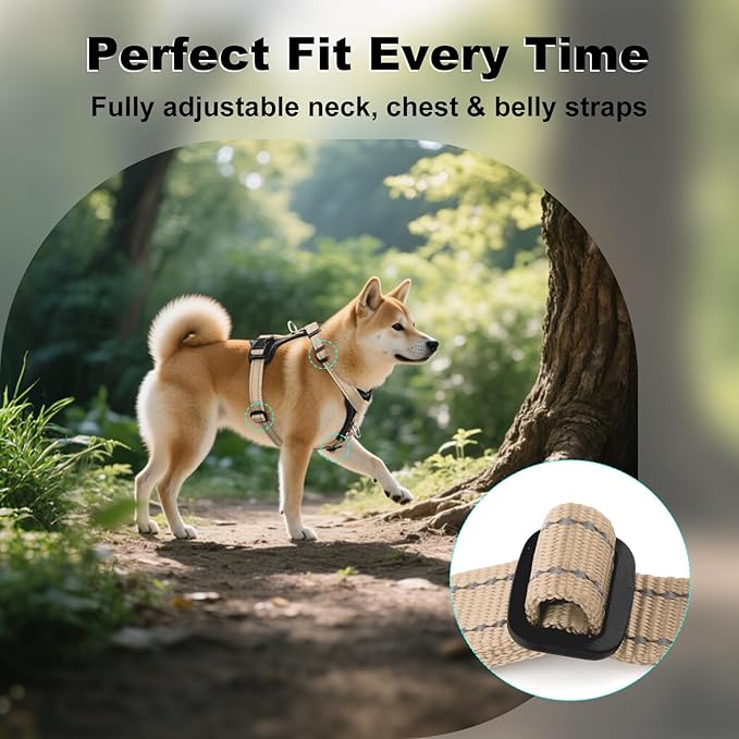 Plutus Pet Adjustable No Pull Dog Harness with Leather Accents, Heavy Duty Reflective Nylon Vest for Training, Hiking, Easy Walk Harness for Small, Medium, Large Dogs (Beige, M)