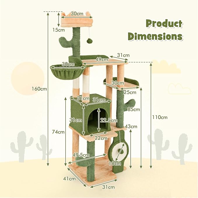 PETSITE 63 inch Cactus Cat Tree, Multi-Level Tall Cat Tower with Sisal Scratching Posts and Board, Comfy Condo, Rotatable Basket, Hanging Toys, and Anti-tipping Device, Modern Cat Tree for Indoor Cats