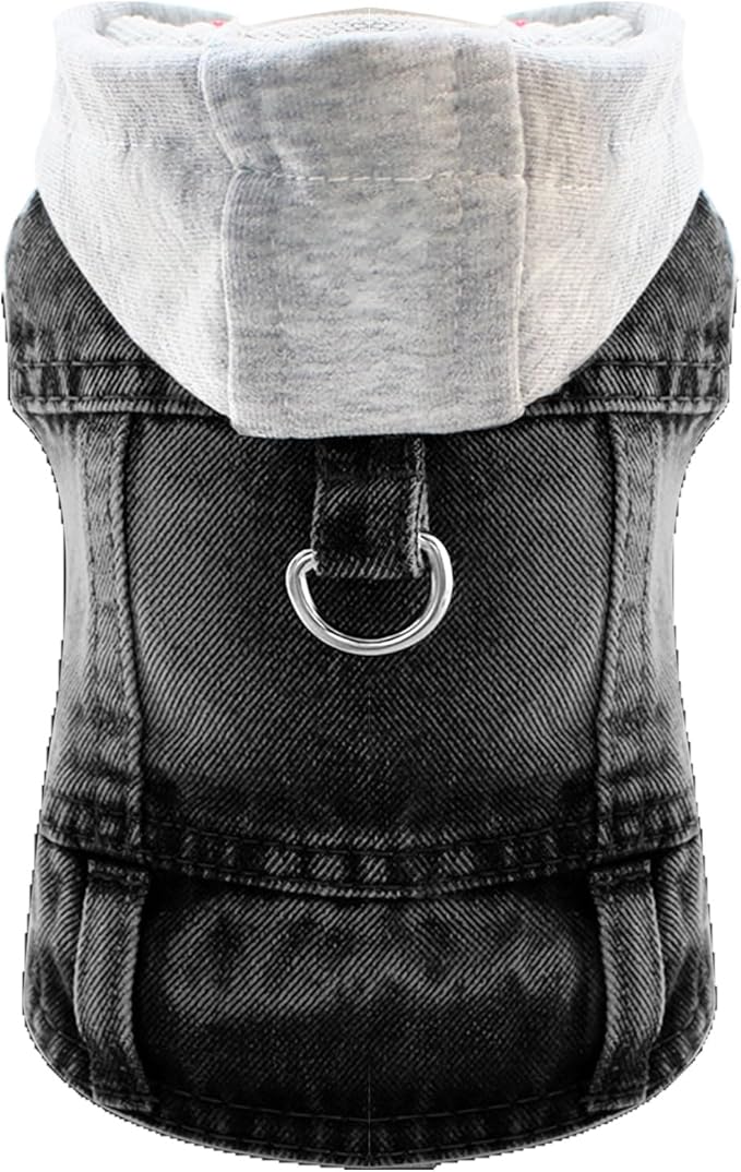 Cool Dog Jean Jacket Vest with D-Ring Black Denim Dogs Hoodies Outfits for Small Medium Dogs Cats Boy Male Dog Clothes Costume Dogggie Puppy Harness Coat for Frenchie Walking(Grey Hat,M)