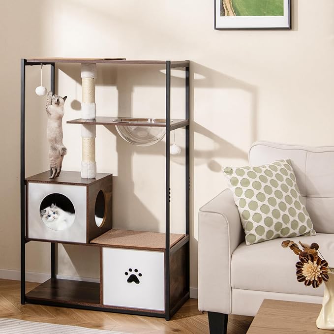 PETSITE 52 Inch Modern Cat Tree with 2 Cat Condos, Multi-Level Cat Tower with Sisal Scratching Posts, Dangling Balls, Removable Soft Cushion and Scratching Pads, Space Capsule, and Anti-Tipping Kits
