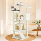 Hexago 54 Inch Cat Tree Tower for Indoor Cats, Multi-Level Cat Condo with Scratching Posts, Climbing Ladder, Plush Hammock, and Toy Ball, Stable Cat Play House Furniture, Beige