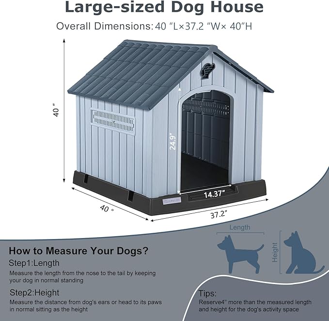 LEMBERI Durable Waterproof Plastic Dog House for Small to Large Sized Dogs, Indoor Outdoor Doghouse with Air Vents and Elevated Floor, Easy to Assemble (Gray, 40" L x 37.2" W x 40" H)