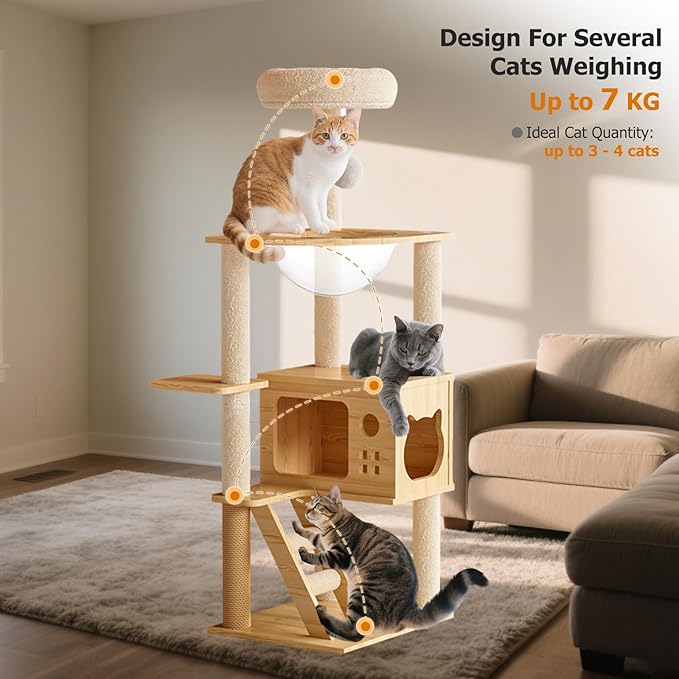 Large Cat Tree,124 Tall Wooden Cat Tower with Spacious Cave,Transparent Space Capsule,8 Fully Scratching Posts and Natural Wood Posts, Kitty Condo with Multi-Layer Platform