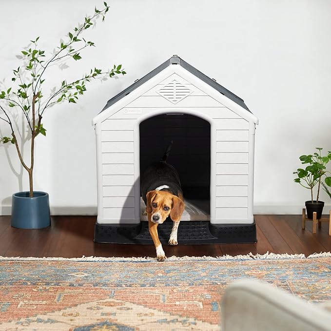 LEMBERI Durable Waterproof Plastic Dog House for Small to Large Sized Dogs, Indoor Outdoor Doghouse Puppy Shelter with Elevated Floor, Easy to Assemble (Gray, 42" L x 38" W x 39" H)