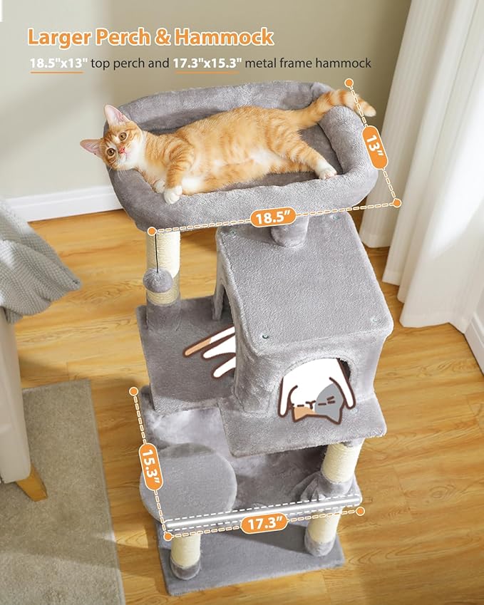 PEQULTI 45.7'' Cat Tree for Indoor Cats with Metal Frame Big Hammock, Cat Tower for Small or Medium Cats with Cat Condo House, with Scratching Posts and Top Perch, Grey