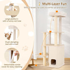PETSITE 63 Inches Wooden Cat Tree, Multi-Level Modern Cat Tree with Sisal Scratching Posts, Two-Story Condo Covered with Sisal Exterior, Dangling Ball, Large Top Perch, and Playful Hole