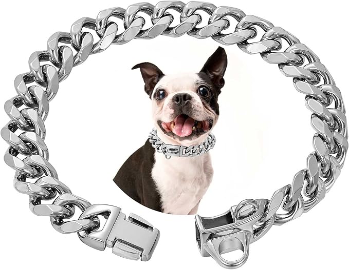 Stainless Steel Silver Gold Dog Collars with Safety Buckle Lock,18K Cuban Link Chain Training Collar,15MM Strong Dog Necklace Heavy Duty Chew Proof for Small Medium Large Dog